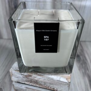 Soy and coconut wax blend candle in a square glass container