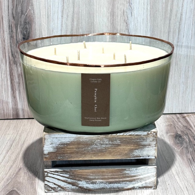 Green Recycled Glass Pumpkin Chai Candle with Rose Gold Rim