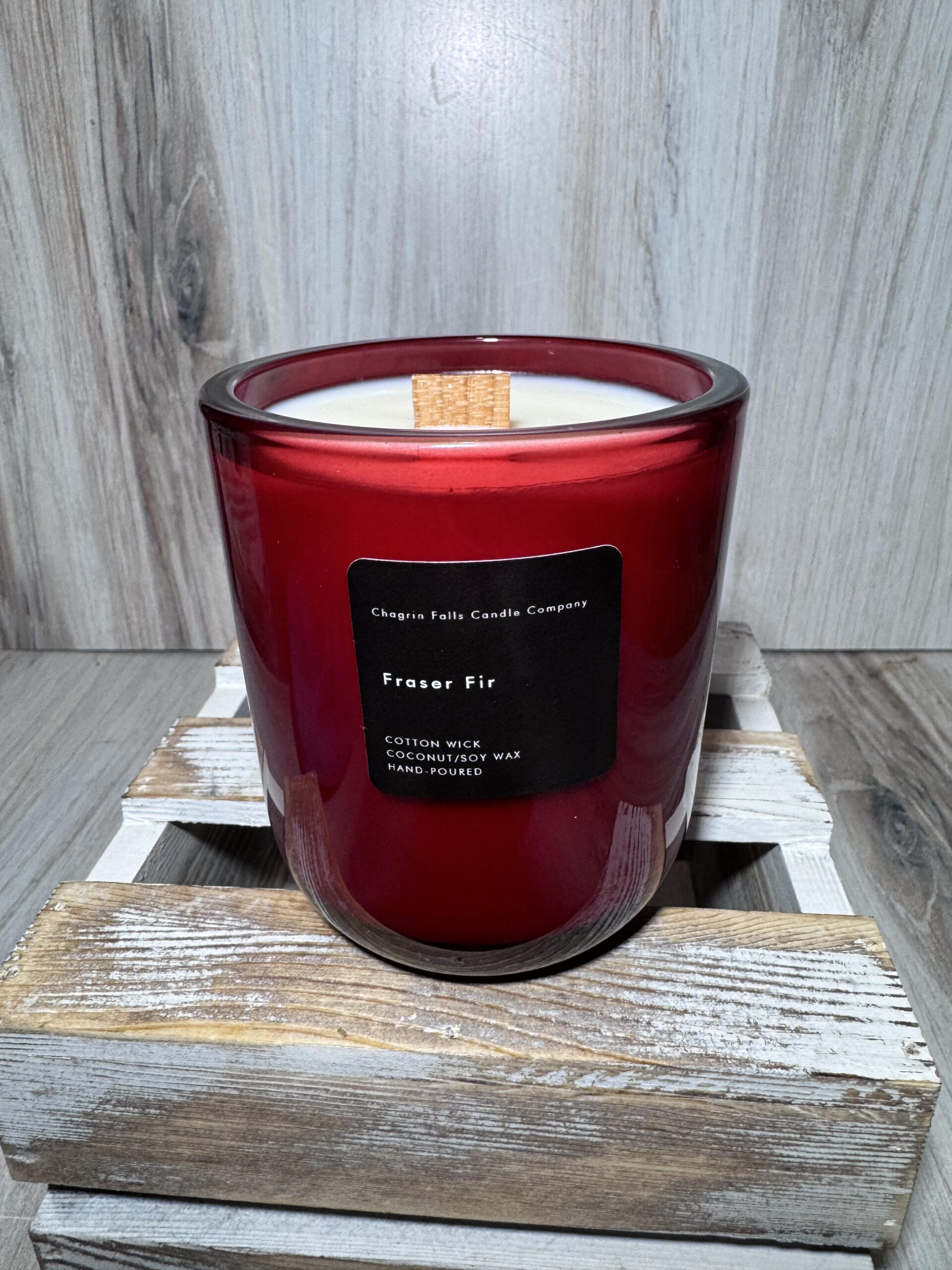 Fraser Fir Candle in Red Glass